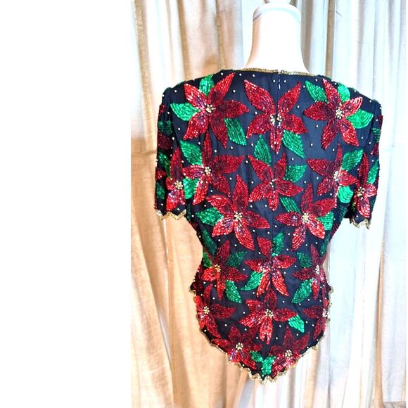 Vintage Laurence Kazar Sequin & Beaded Christmas Poinsettia Top Blouse Sz L - Picture 7 of 11